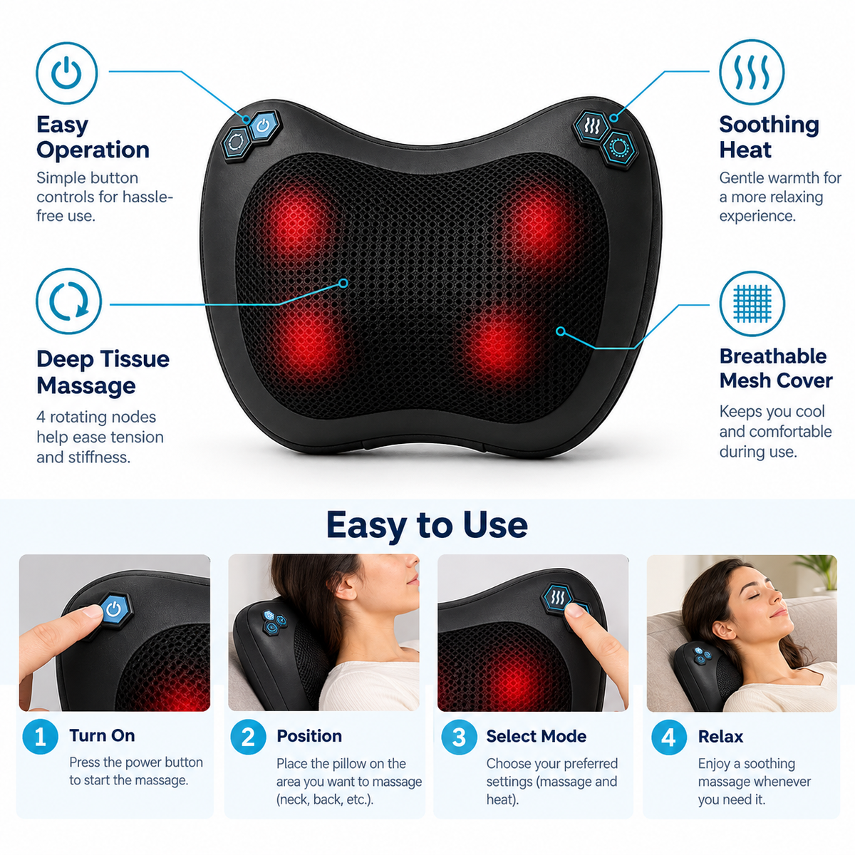 Black electric neck and shoulder massage pillow with glowing red massage nodes, surrounded by feature callouts and four step-by-step usage panels showing how to turn it on, position it, select modes, and relax.