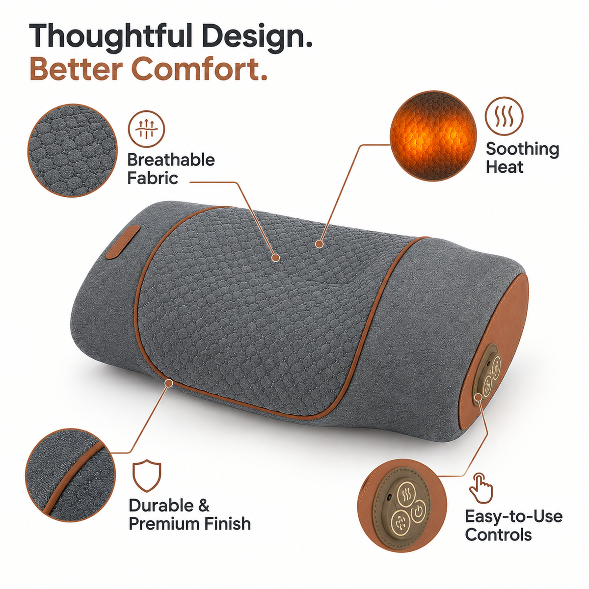 Comfortley dark gray neck massager pillow shown with heat, air compression, vibration, and included accessories