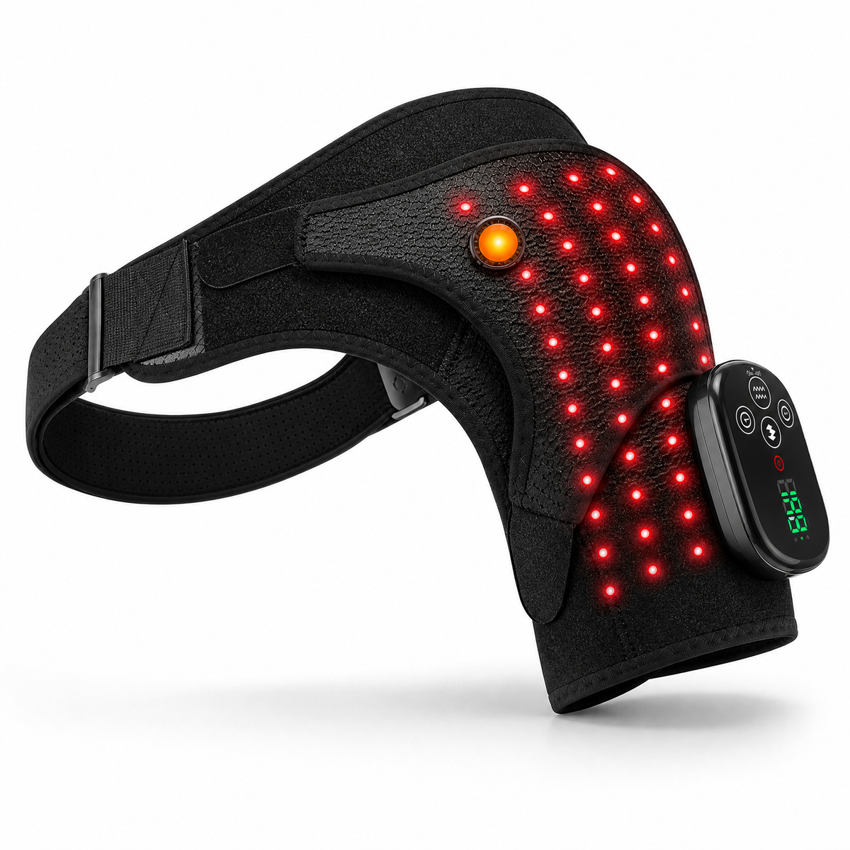 Comfortley heated shoulder warmer side profile showing adjustable strap and vibration controller