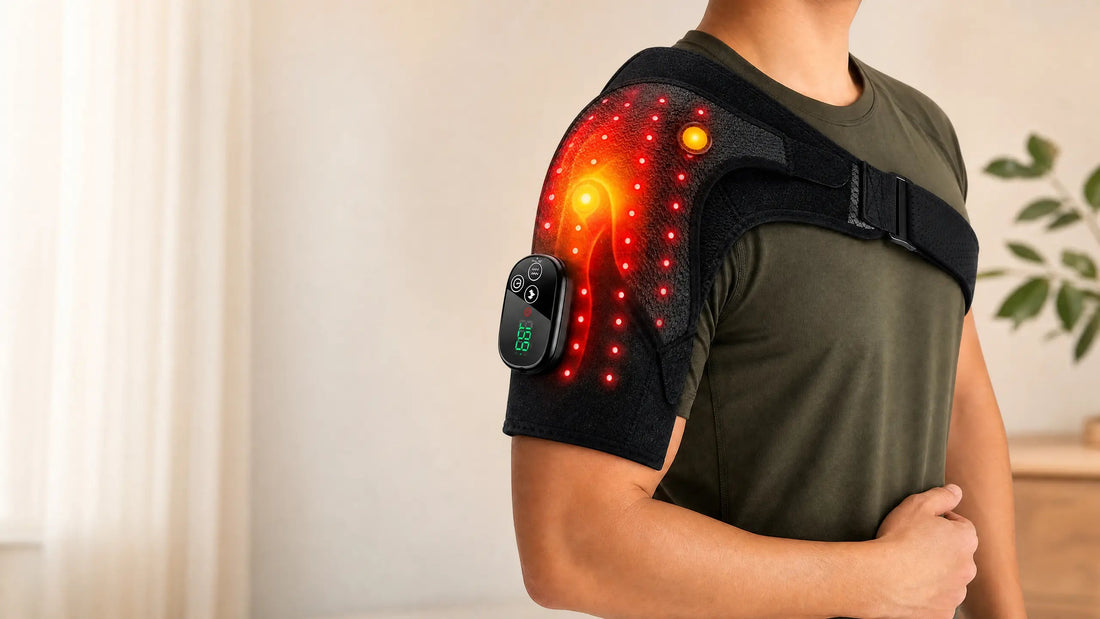 Comfortley neck and shoulder massager with heat worn at home with digital controller visible