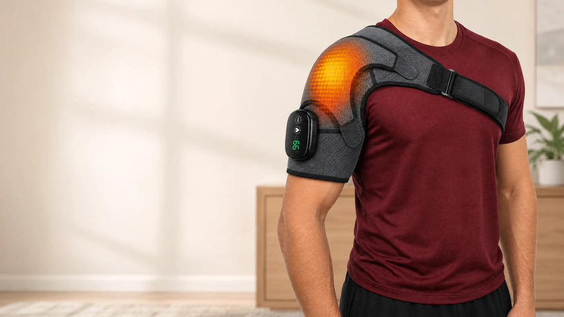 Comfortley shoulder massager with heat worn at home with adjustable strap visible