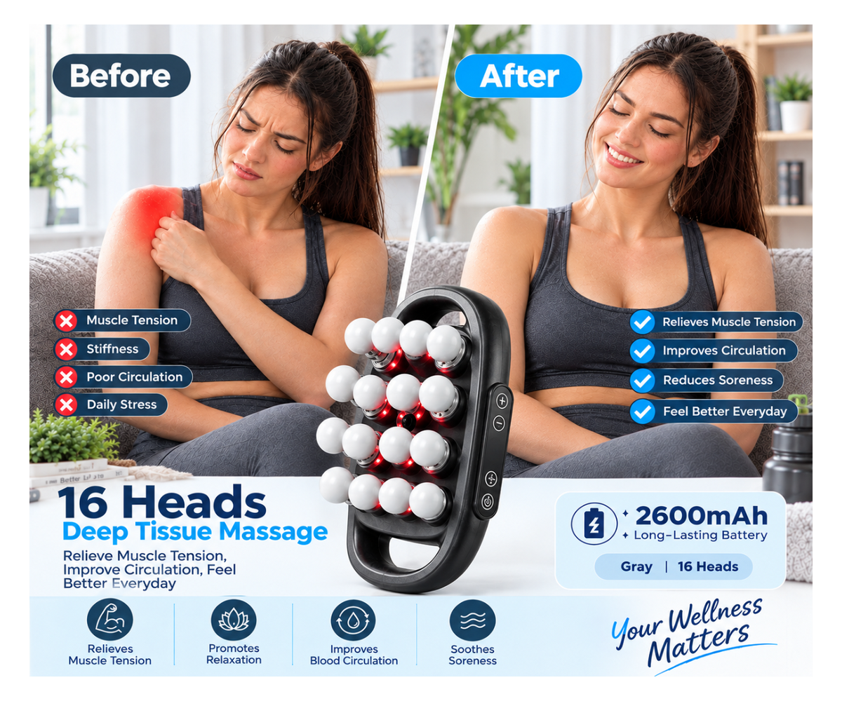 A before-and-after comparison graphic showing a woman using a gray 16-head deep tissue massage gun on her back while sitting on a couch. The left side is labeled 'Before' with a red massage head, and the right side is labeled 'After' with a black and gray massage head.