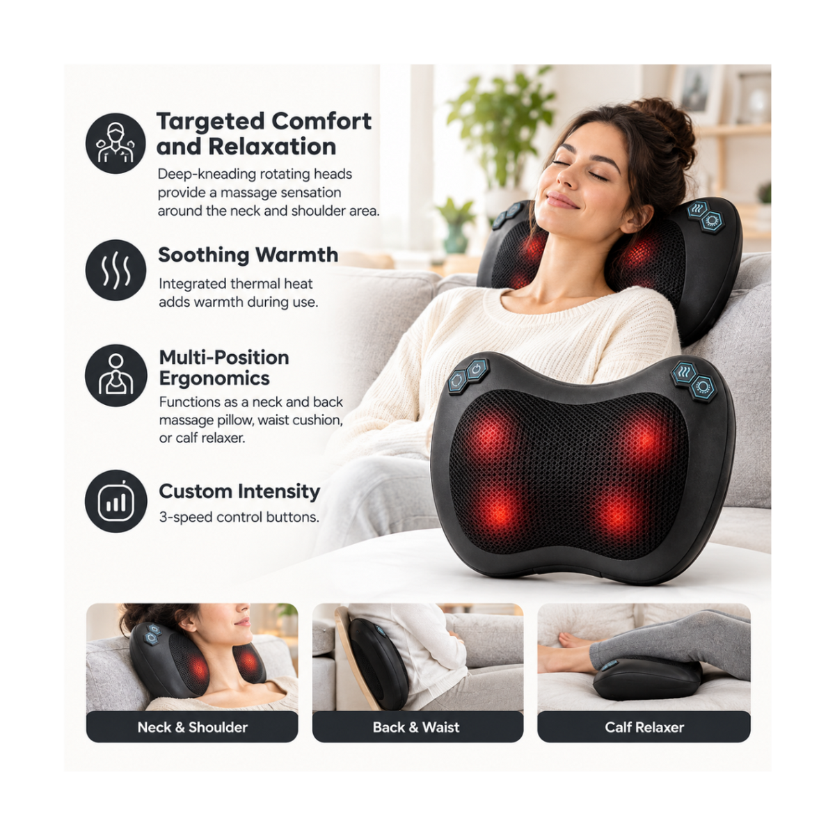A black electric neck and back massage pillow with red LED light therapy is shown being used by a woman lying on a couch. The image includes text callouts describing features like targeted comfort and relaxation, soothing warmth, multi-position ergonomics, and custom intensity, along with three smaller demonstration images at the bottom showing different massage positions.