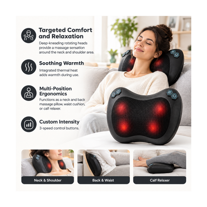 A black electric neck and back massage pillow with red LED light therapy is shown being used by a woman lying on a couch. The image includes text callouts describing features like targeted comfort and relaxation, soothing warmth, multi-position ergonomics, and custom intensity, along with three smaller demonstration images at the bottom showing different massage positions.