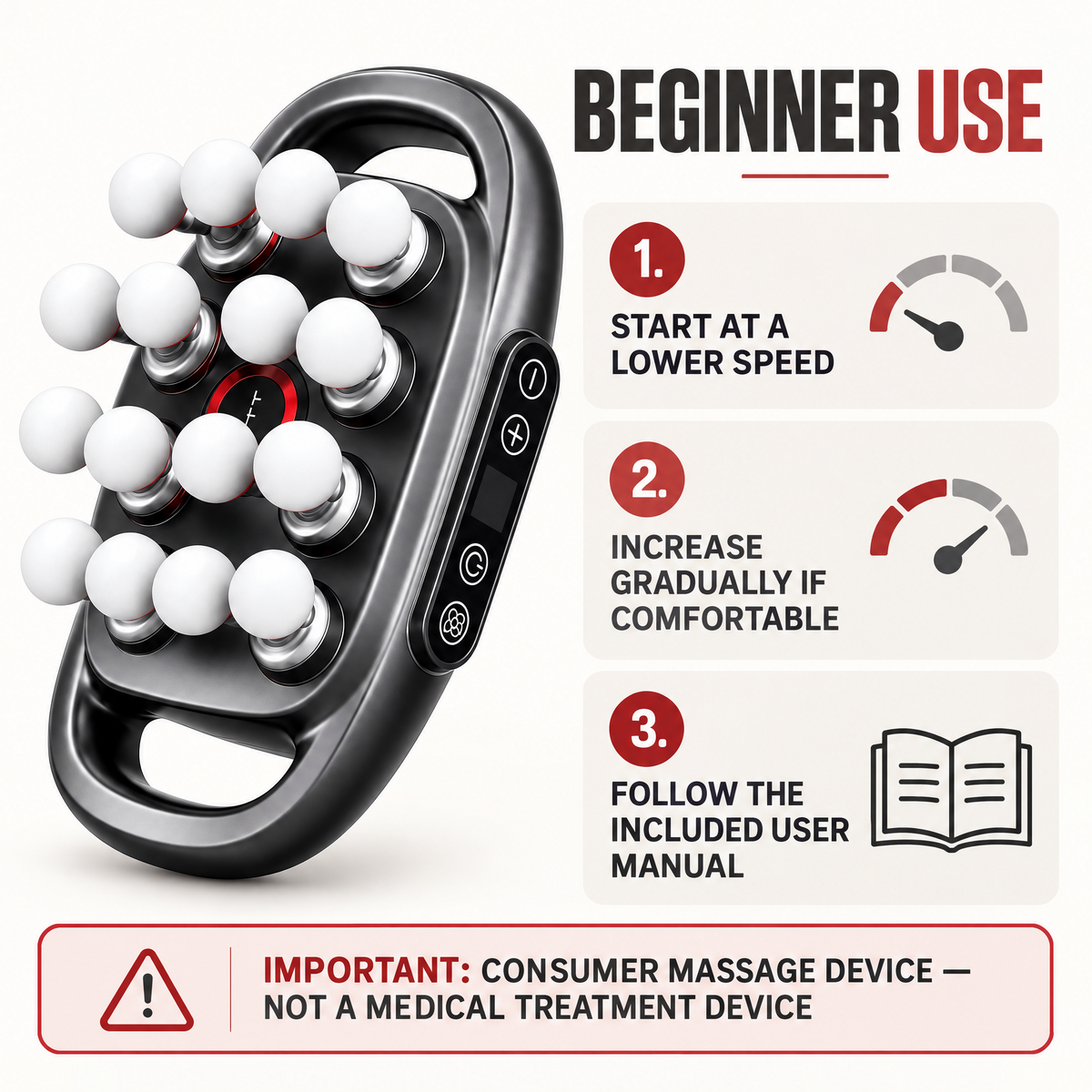 A black handheld consumer massage device with white round massage heads is shown on a light gray background with instructional text reading 'BEGINNER USE' and three numbered steps, plus a warning label at the bottom.