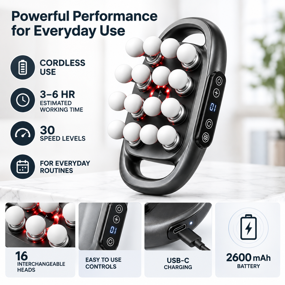 A cordless neck and shoulder massager with 16 white massage heads, shown on a light marble surface with promotional text and feature callouts around it.
