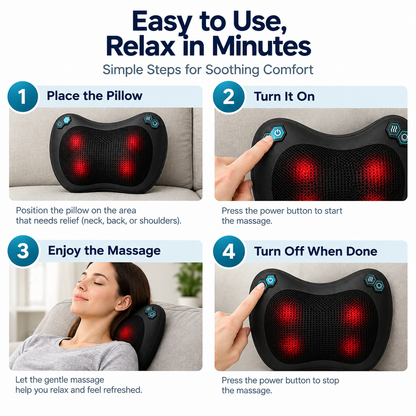 A four-step instructional graphic for a neck and shoulder massage pillow. The top header reads 'Easy to Use, Relax in Minutes.