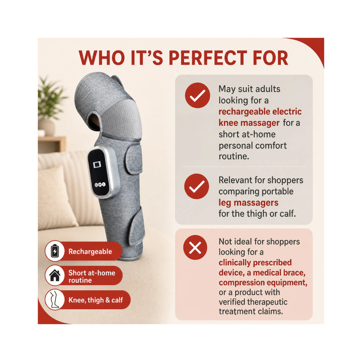 A gray electric knee massager shown on a sofa beside text callouts explaining who it is perfect for, including rechargeable features, short at-home routine use, and suitability for adults.