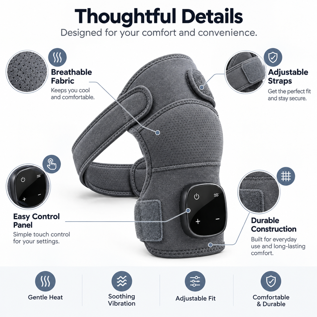 A gray neck and shoulder support pillow with an integrated touch control panel, surrounded by callout circles and text highlighting features such as breathable fabric, adjustable straps, easy control panel, and durable construction.