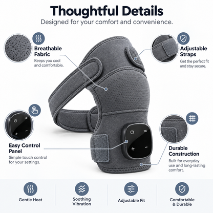 A gray neck and shoulder support pillow with an integrated touch control panel, surrounded by callout circles and text highlighting features such as breathable fabric, adjustable straps, easy control panel, and durable construction.