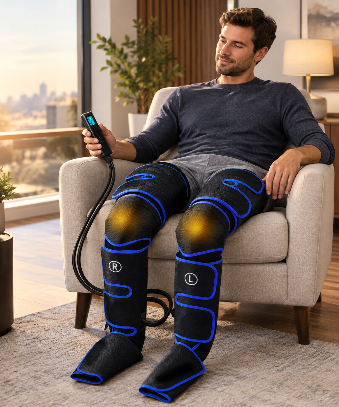 A man reclining in a beige armchair in a modern living room, wearing a black thigh and shin massage device with bright blue LED outlines and glowing yellow heat zones on his knees. He holds a black handheld remote control.