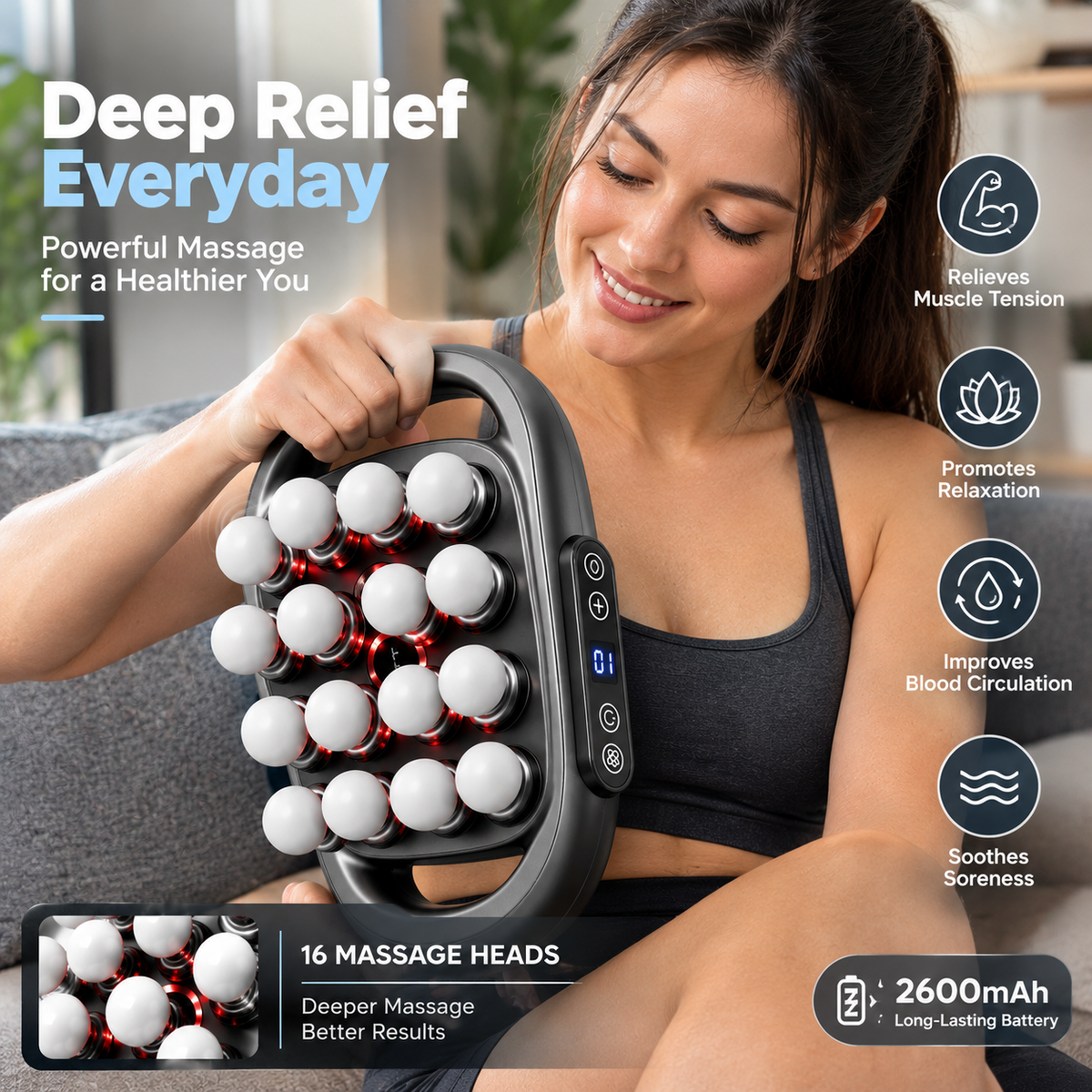 A woman in a black sports bra holds a handheld massage device with 16 white massage heads and red LED lights. The image includes promotional text and icons highlighting benefits such as muscle tension relief, relaxation, improved blood circulation, and soreness relief.