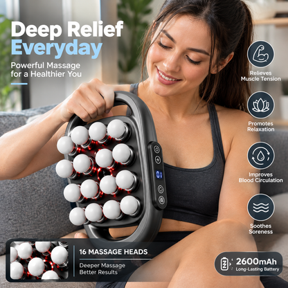 A woman in a black sports bra holds a handheld massage device with 16 white massage heads and red LED lights. The image includes promotional text and icons highlighting benefits such as muscle tension relief, relaxation, improved blood circulation, and soreness relief.