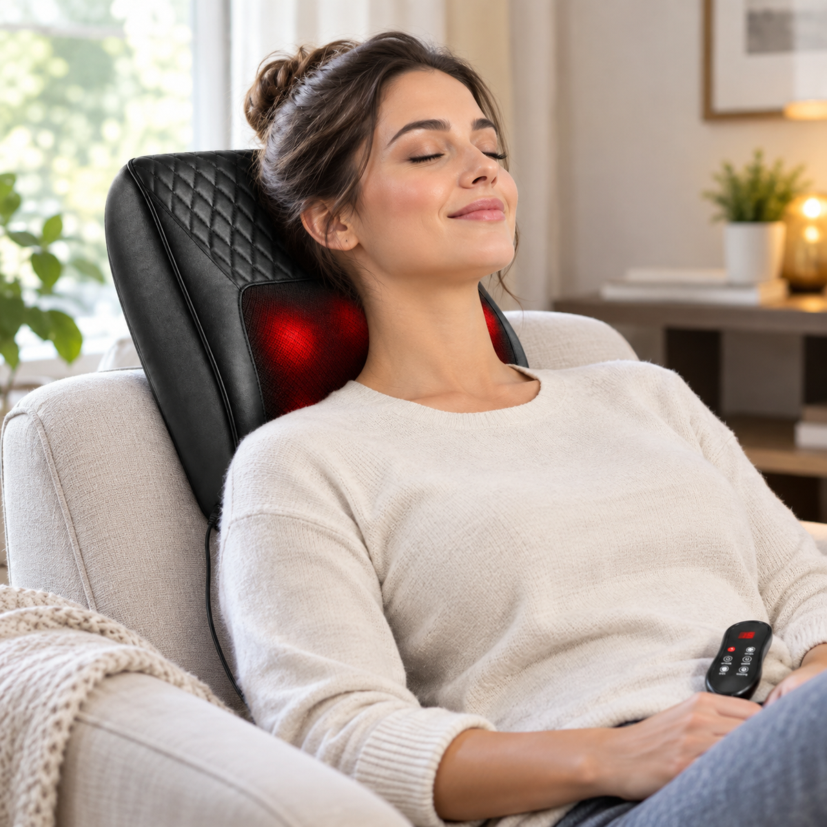 A woman reclining in a beige armchair using a black massage chair with a glowing red heat panel on her neck and upper back. She is wearing a cream knit sweater and holding a small remote control in a bright, modern living room setting.