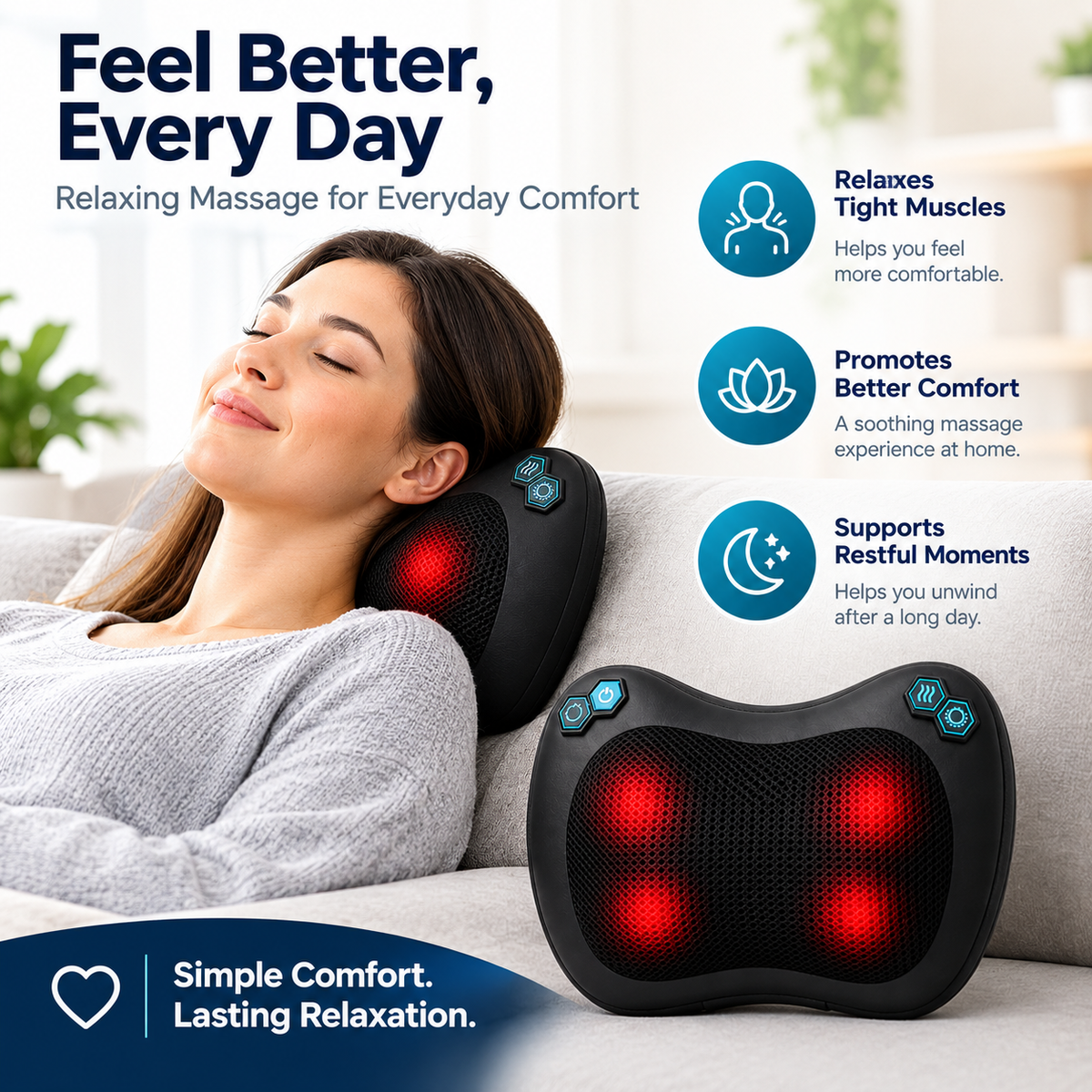 A woman reclining on a light gray sofa using a black neck and shoulder massage pillow with glowing red massage nodes. The image includes marketing text and icons highlighting muscle relaxation, comfort improvement, and restful moments.