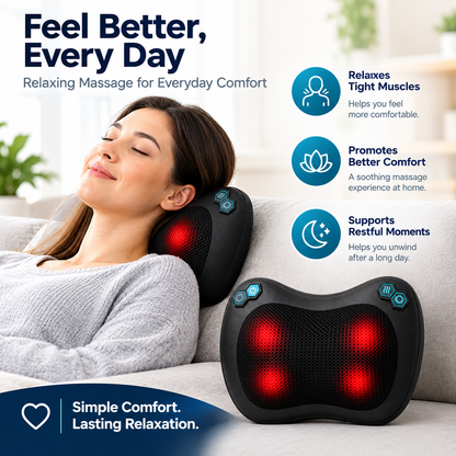 A woman reclining on a light gray sofa using a black neck and shoulder massage pillow with glowing red massage nodes. The image includes marketing text and icons highlighting muscle relaxation, comfort improvement, and restful moments.