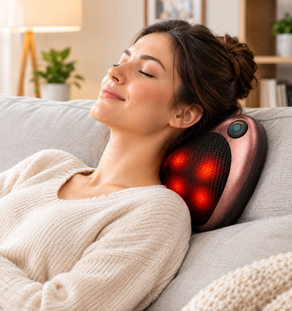 A woman reclining on a light gray sofa with her eyes closed, using a rose gold neck and shoulder massager with glowing red light buttons in a cozy living room setting.
