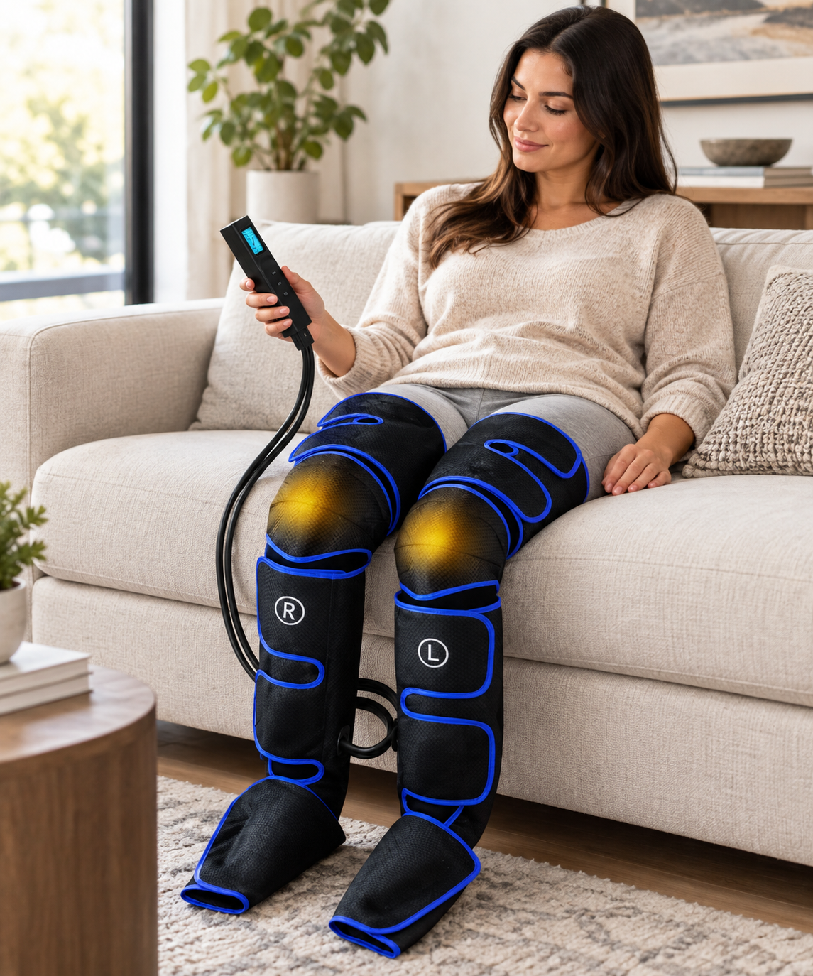 A woman sits on a light beige sofa in a living room, wearing a black thigh and foot massage device with bright blue trim and glowing yellow heat indicators on her legs. She holds a black remote control with a blue screen.