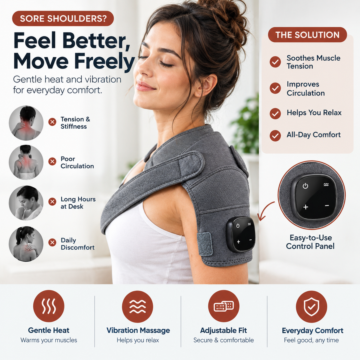 A woman wearing a gray shoulder massage device on her upper back and shoulder, shown on a light beige promotional background with text callouts about sore shoulders, muscle tension, circulation, and relaxation benefits. A close-up inset shows the device's control panel.
