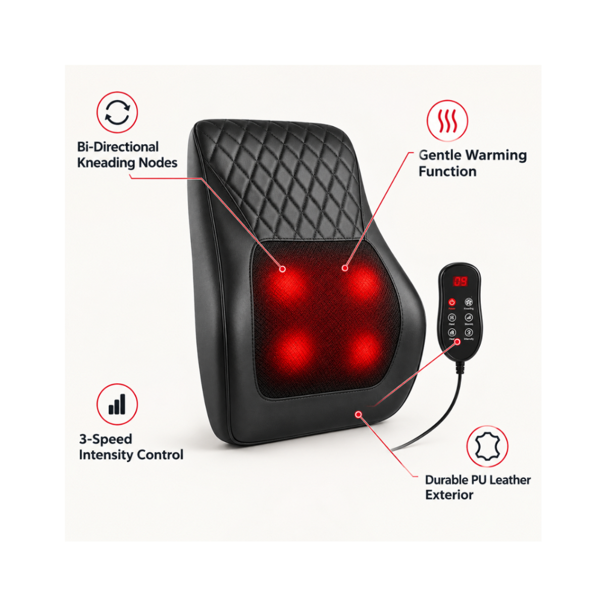 Black massage pillow with red illuminated knelling nodes, shown with a remote control and callout text labels on a light background.