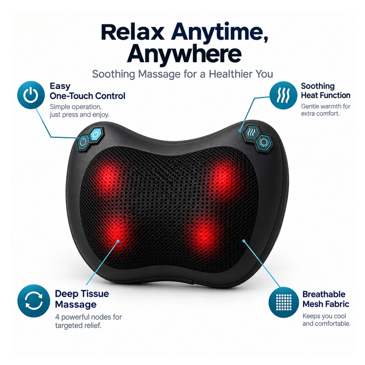 Black neck and shoulder massage pillow with glowing red massage nodes, surrounded by callout text and icons explaining features like one-touch control, soothing heat function, deep tissue massage, and breathable mesh fabric.