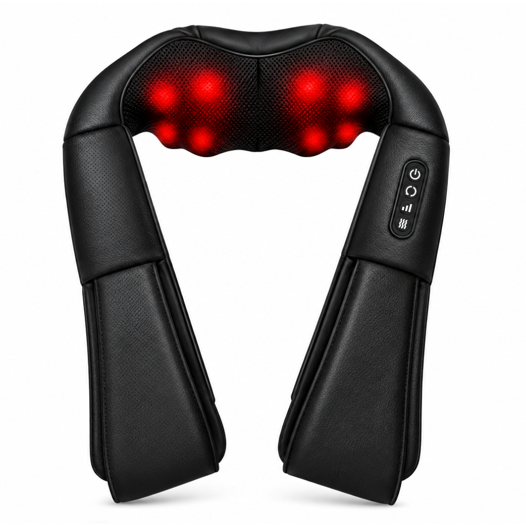 Black neck and shoulder massager with red LED light therapy beads glowing on the headrest, shown against a plain white background.