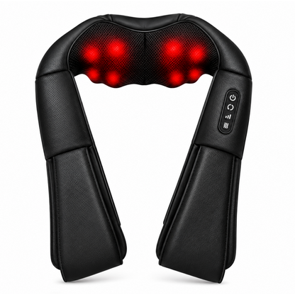 Black neck and shoulder massager with red LED light therapy beads glowing on the headrest, shown against a plain white background.
