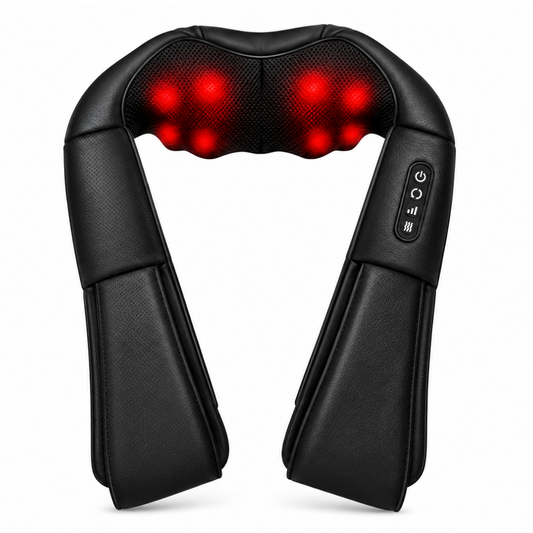 Black neck and shoulder massager with red LED light therapy beads glowing on the headrest, shown against a plain white background.