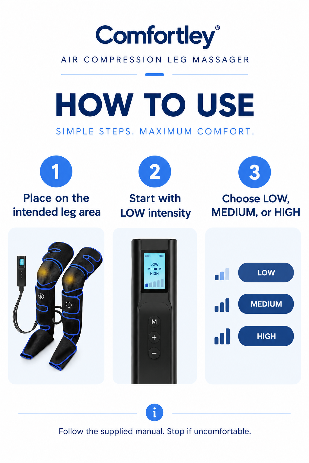 An instructional graphic for the Comfortley Air Compression Leg Massager, showing three numbered steps: placing the massager on the intended leg area, starting with low intensity, and choosing low, medium, or high settings. The product is pictured in black with blue trim, and the background is white with blue text and accents.