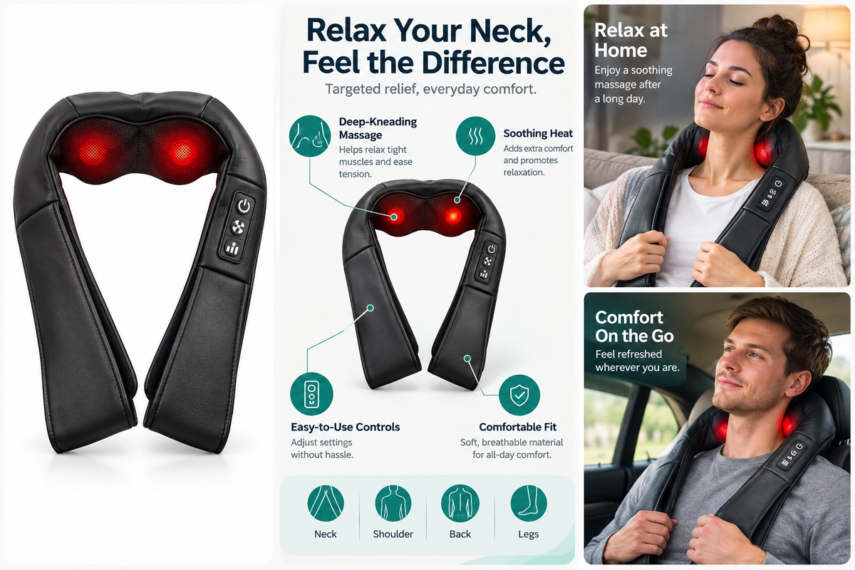 Comfortley black electric neck massager shown in a home-use lifestyle graphic