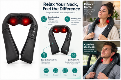 Comfortley black electric neck massager shown in a home-use lifestyle graphic