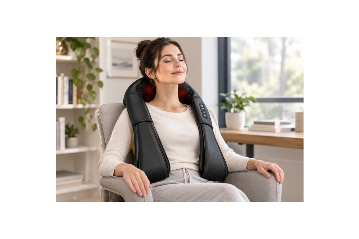 Comfortley black electric neck massager with red massage nodes shown in a product lifestyle graphic