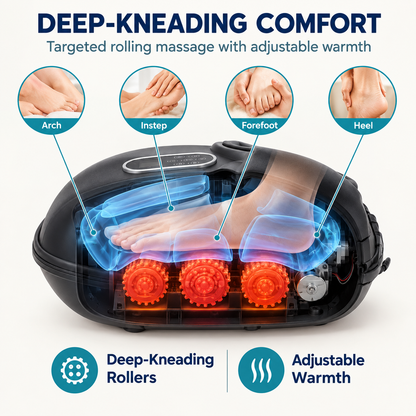 Comfortley black heated foot massager shown in a lifestyle and features graphic