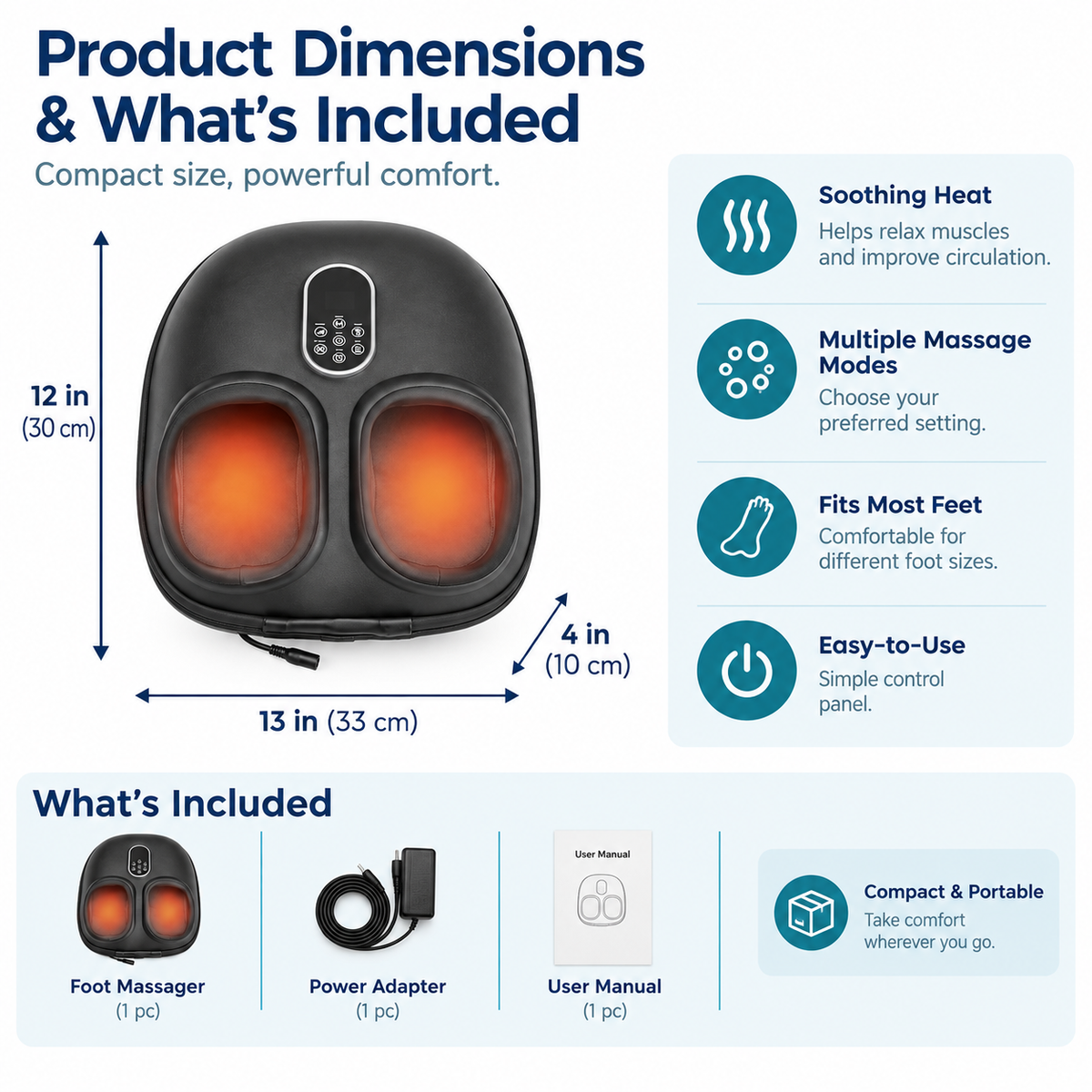 Comfortley black heated foot massager shown in a product detail graphic with foot chambers and controls