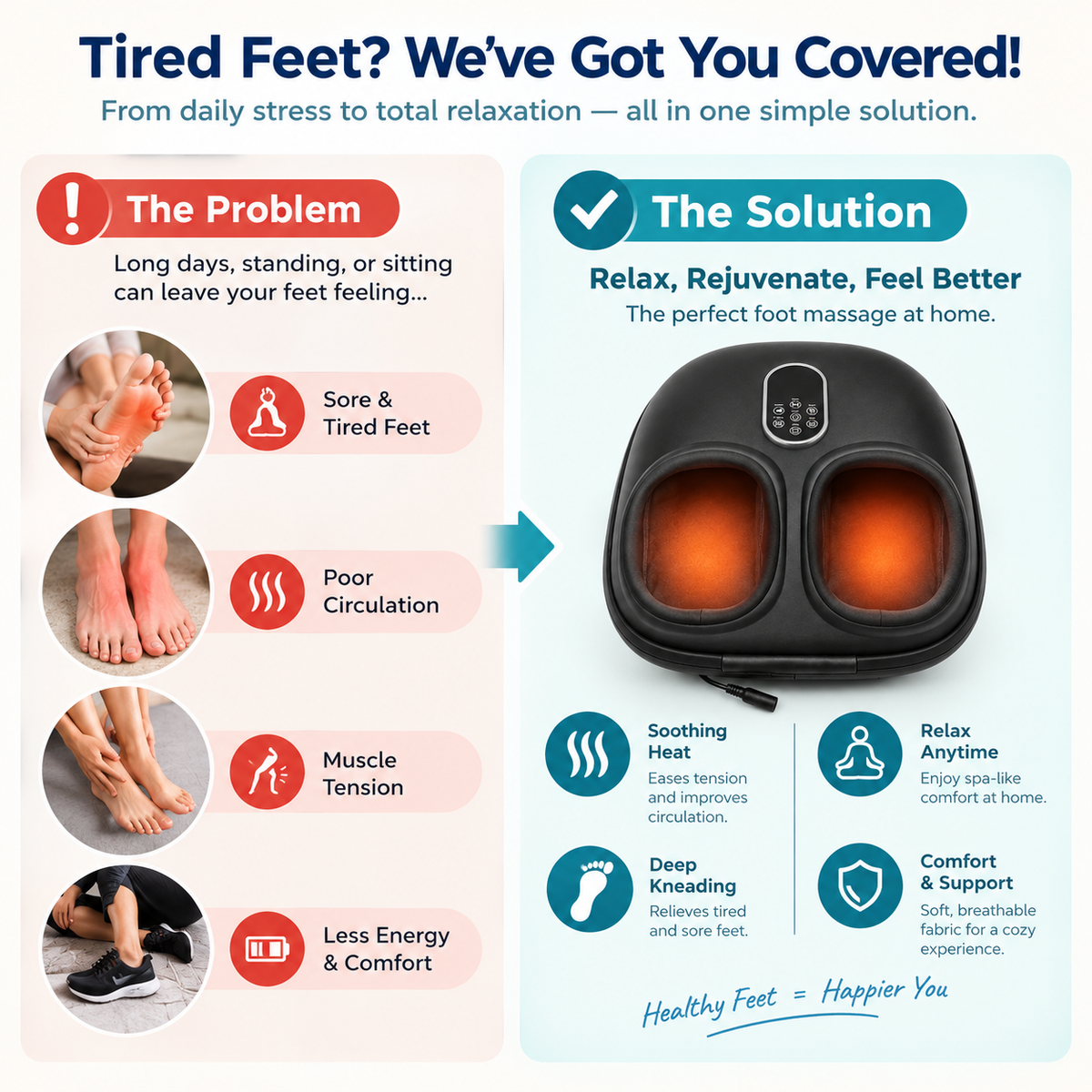 Comfortley black heated foot massager shown with adjustable warmth and deep-kneading rollers