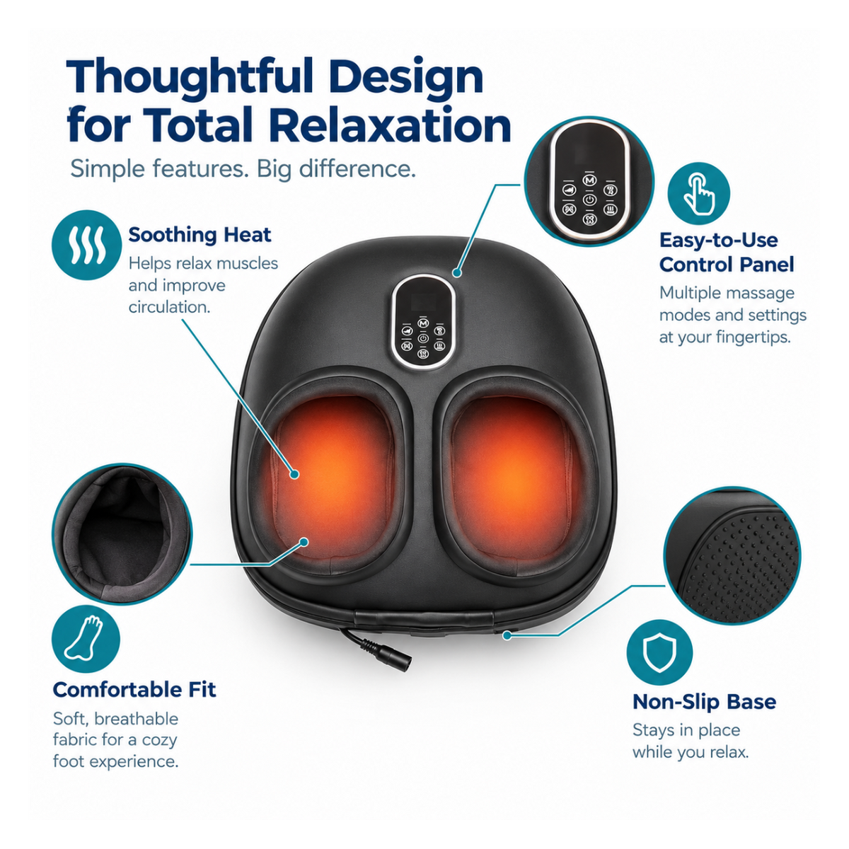 Comfortley black heated foot massager shown with deep-kneading rollers and warming foot chambers