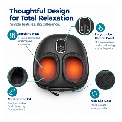 Comfortley black heated foot massager shown with deep-kneading rollers and warming foot chambers