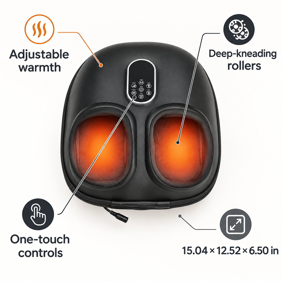 Comfortley black heated foot massager with warming chambers and deep-kneading rollers shown in a product feature graphic