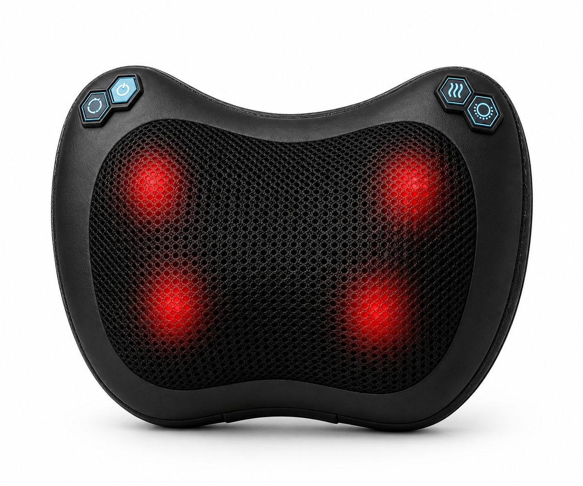 Comfortley black neck and shoulder massage pillow with heat and red massage nodes, shown at an angle on a light background