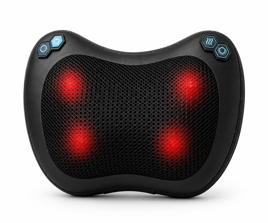 Comfortley black neck and shoulder massage pillow with heat and red massage nodes, shown at an angle on a light background