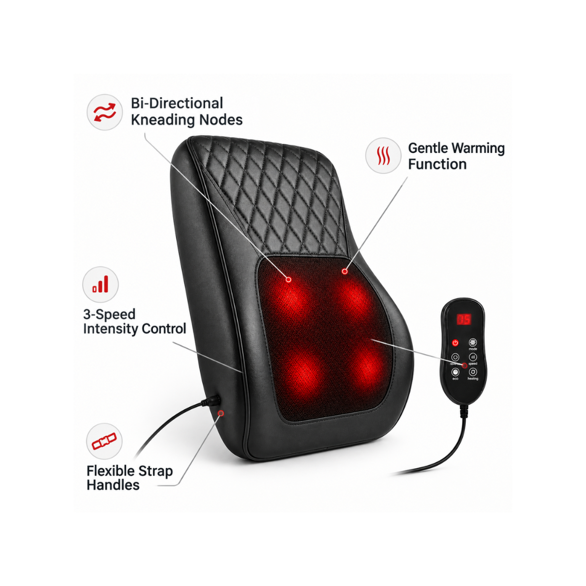 Comfortley black neck and shoulder massager with heat and kneading shown from another angle with glowing red massage nodes