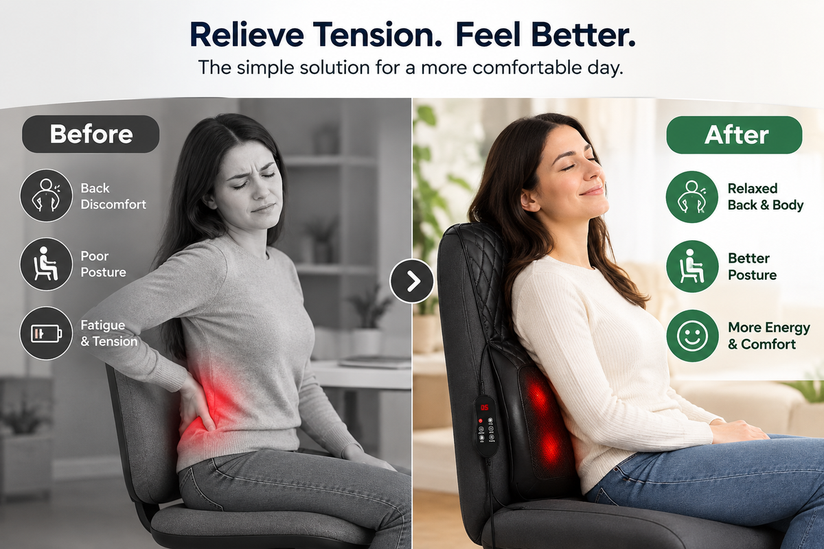 Comfortley black neck and shoulder massager with heat and kneading shown in a lifestyle and feature graphic