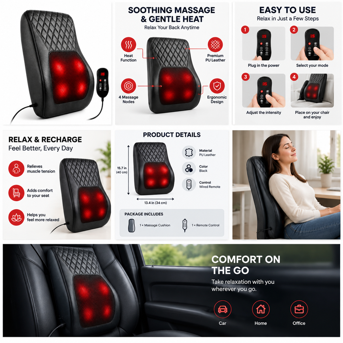 Comfortley black neck and shoulder massager with heat and kneading shown with glowing red massage nodes and product callouts