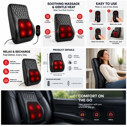 Comfortley black neck and shoulder massager with heat and kneading shown with glowing red massage nodes and product callouts