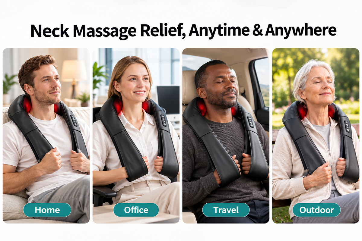 Comfortley black neck massager shown with handheld remote control and adjustable settings