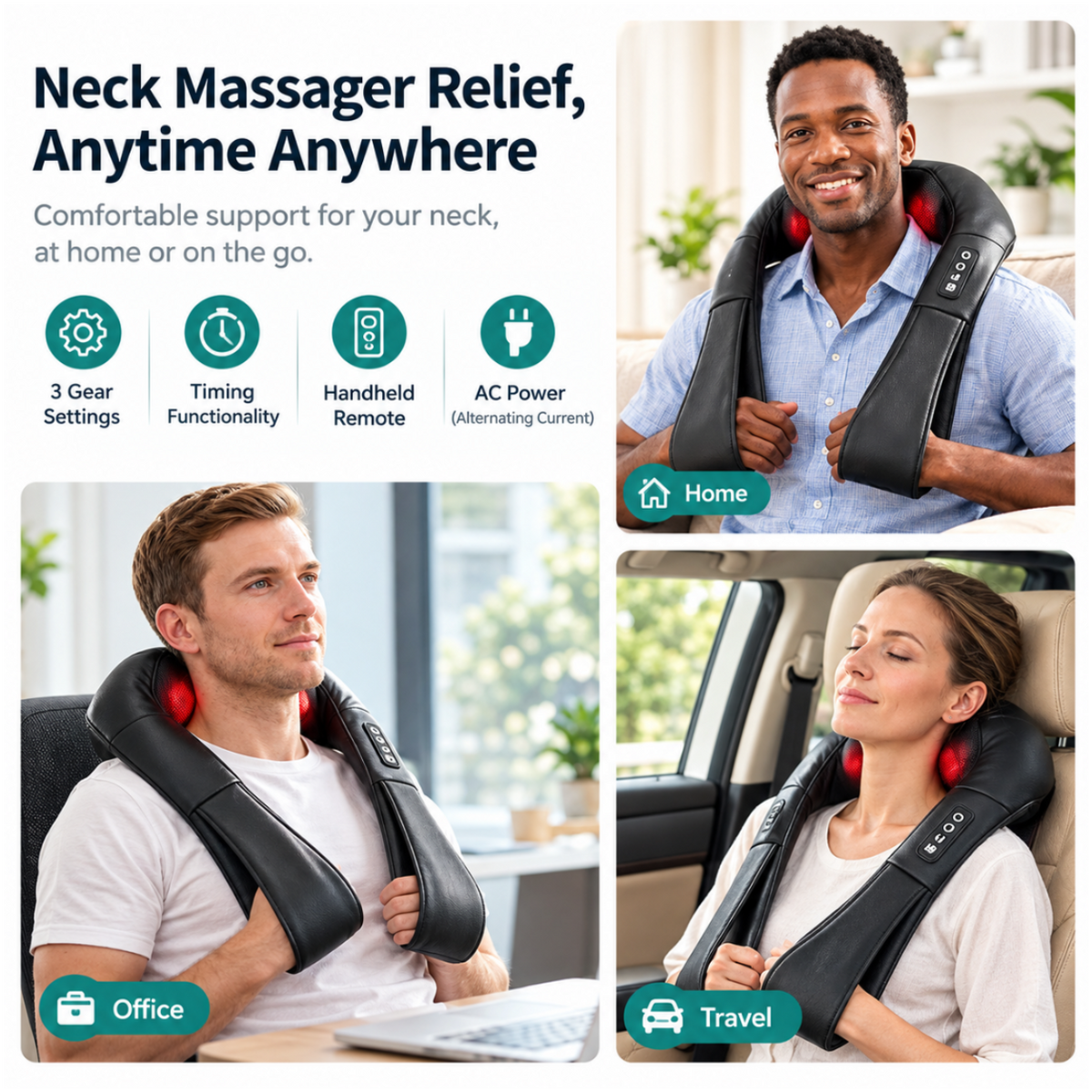Comfortley black neck massager with heat and glowing red massage nodes shown in a feature graphic