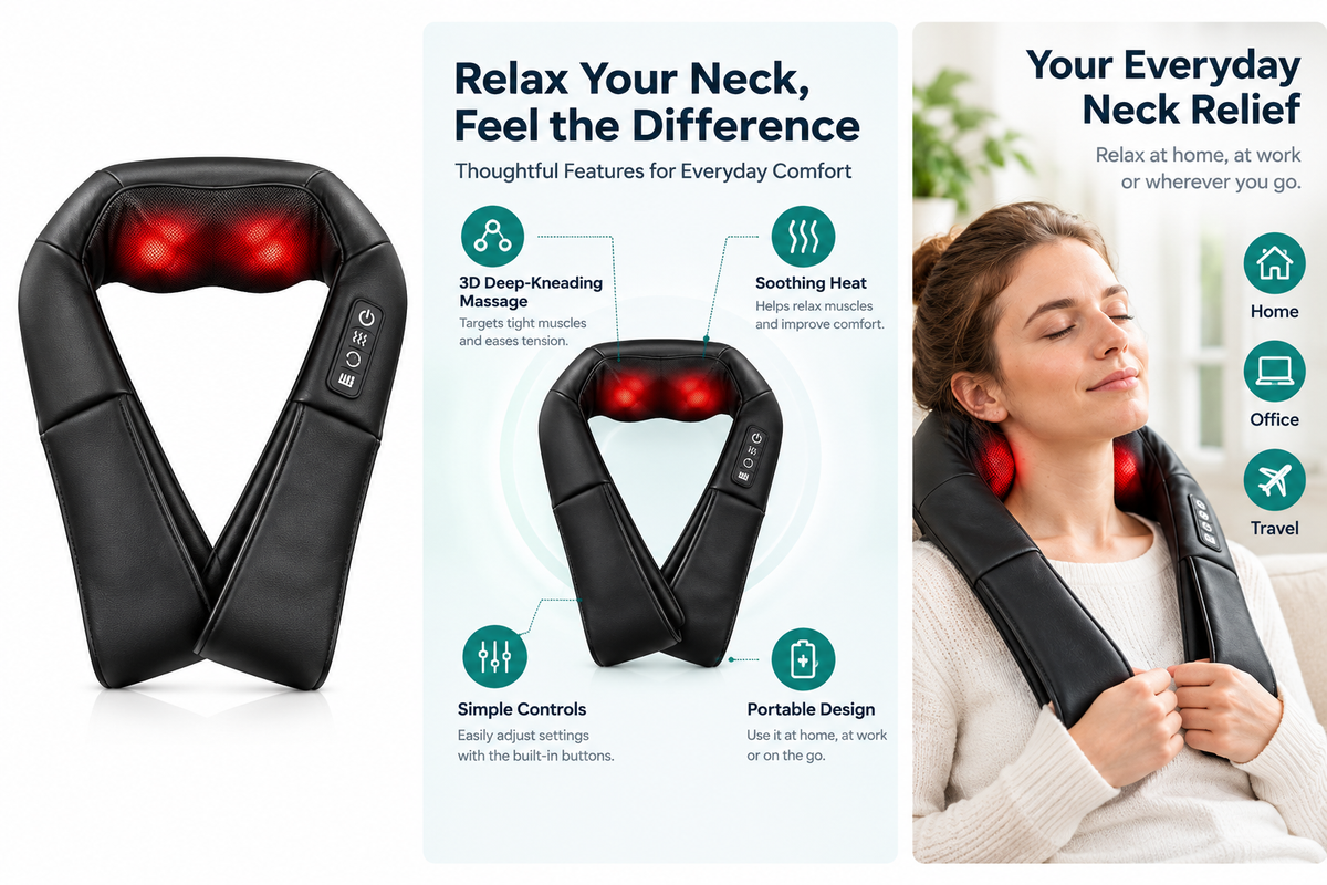 Comfortley black neck massager with remote shown from a close product angle