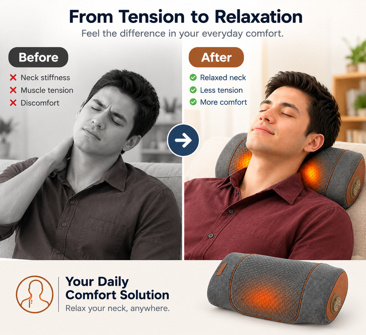 Comfortley dark gray 3-in-1 neck massager pillow shown in a product detail graphic with timed controls