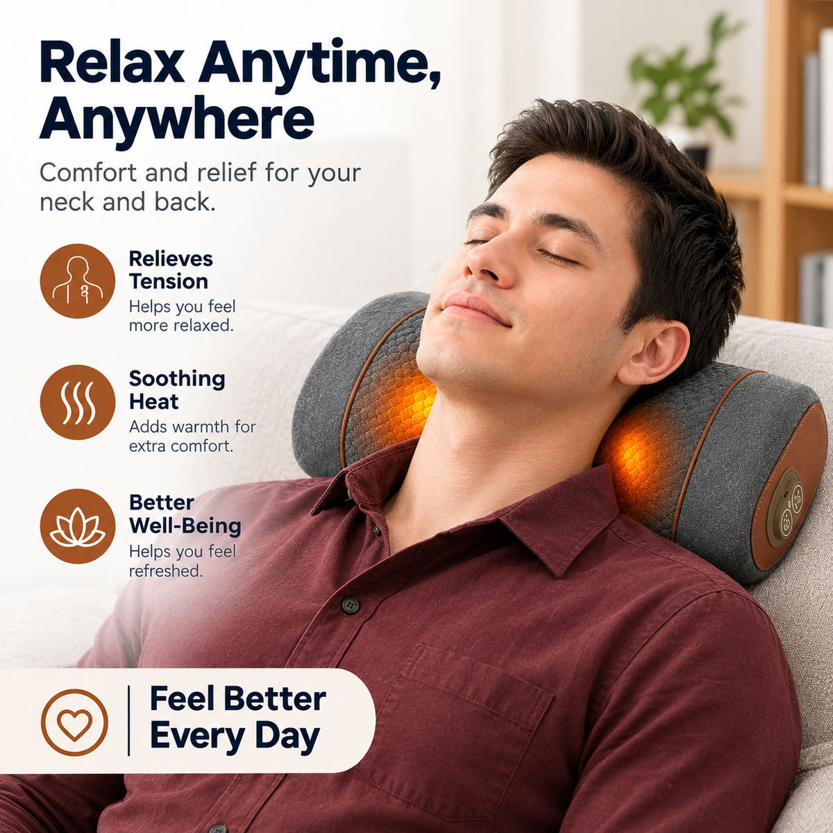 Comfortley dark gray 3-in-1 neck massager pillow with heat, vibration, and air compression shown in a product feature graphic
