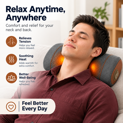 Comfortley dark gray 3-in-1 neck massager pillow with heat, vibration, and air compression shown in a product feature graphic